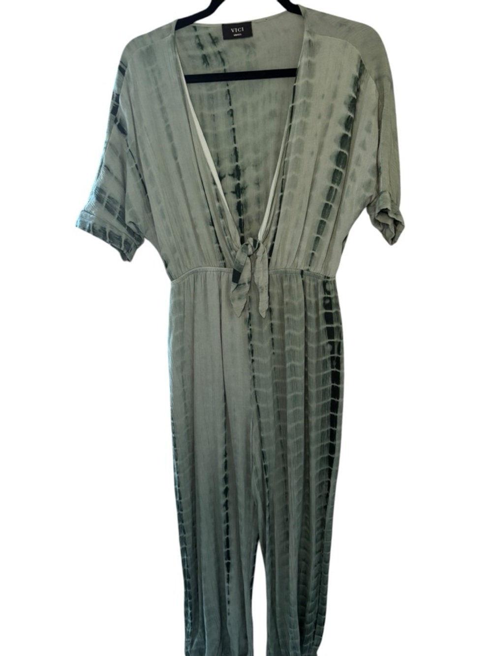 VICI Tie Dye Romper | Sage Green Boho Short Sleeve Jumpsuit Size Small - Picture 3 of 6